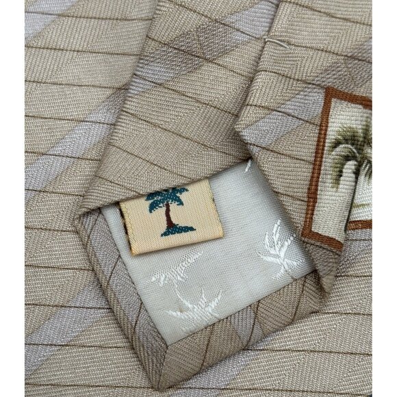 TOMMY BAHAMA Tie Men's 100% Silk Brown Green Strips Palm Trees Windy GUC - Picture 6 of 9